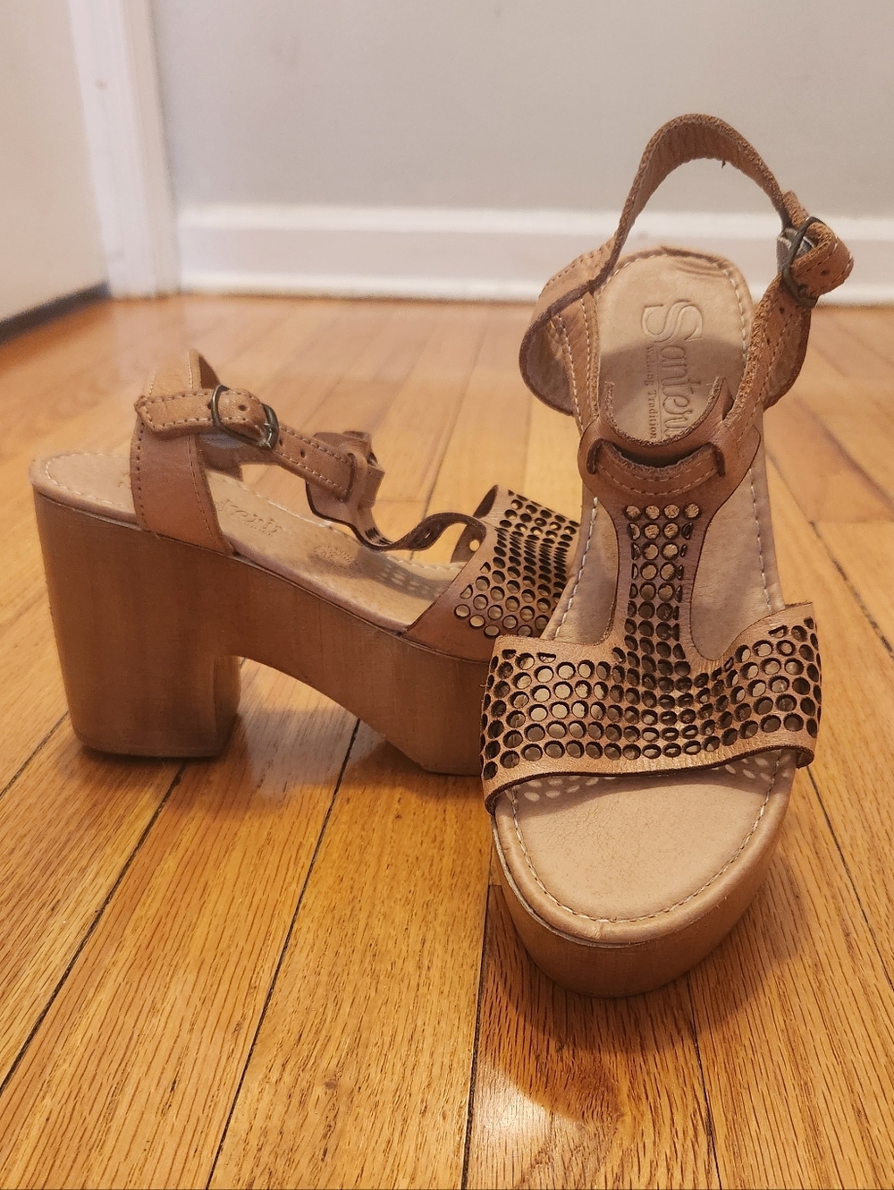 Santeri Tan Perforated Leather Platform Sandals with Ankle Strap